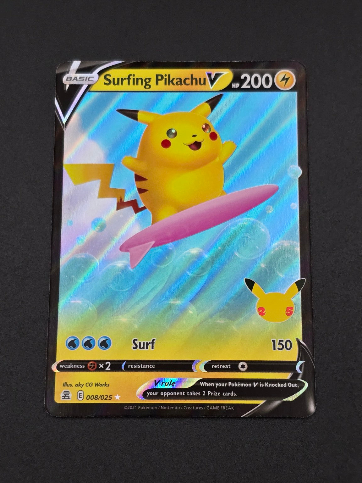 Surfing Pikachu V #008/025 Celebrations 25th — FRONT
