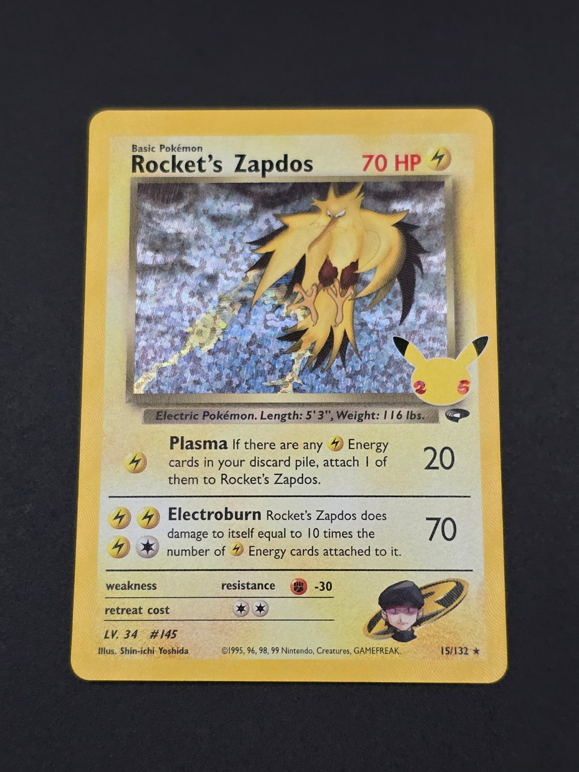 Rocket’s Zapdos #15/132 Celebrations 25th — FRONT