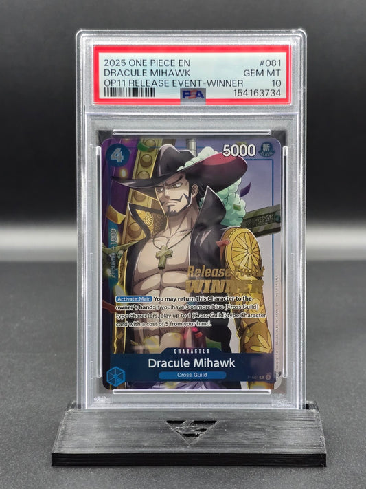 One Piece Dracule Mihawk P-081 OP11 Release Event Winner PSA 10 / 🇬🇧 - FRONT