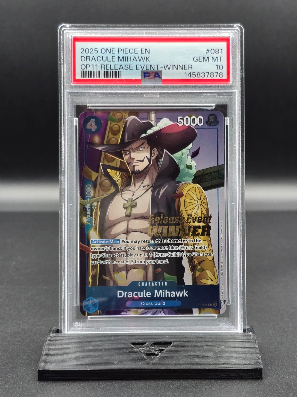 One Piece Dracule Mihawk P-081 OP11 Release Event Winner PSA 10 / 🇬🇧 - FRONT